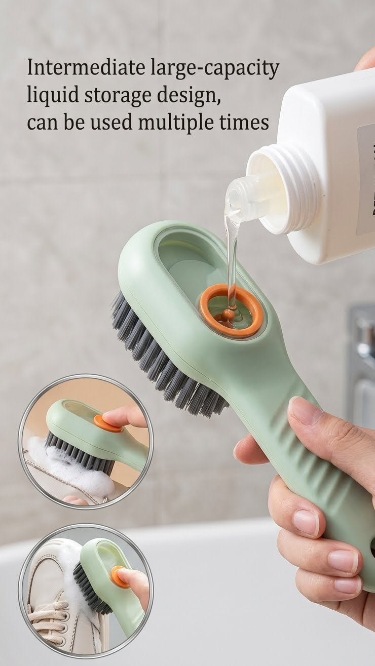 2-in-1 Liquid Soap Dispensing Shoe & Clothes Cleaning Brush | Soft Bristle Sneaker Scrubber | Multipurpose Household Cleaning Tool with Handle