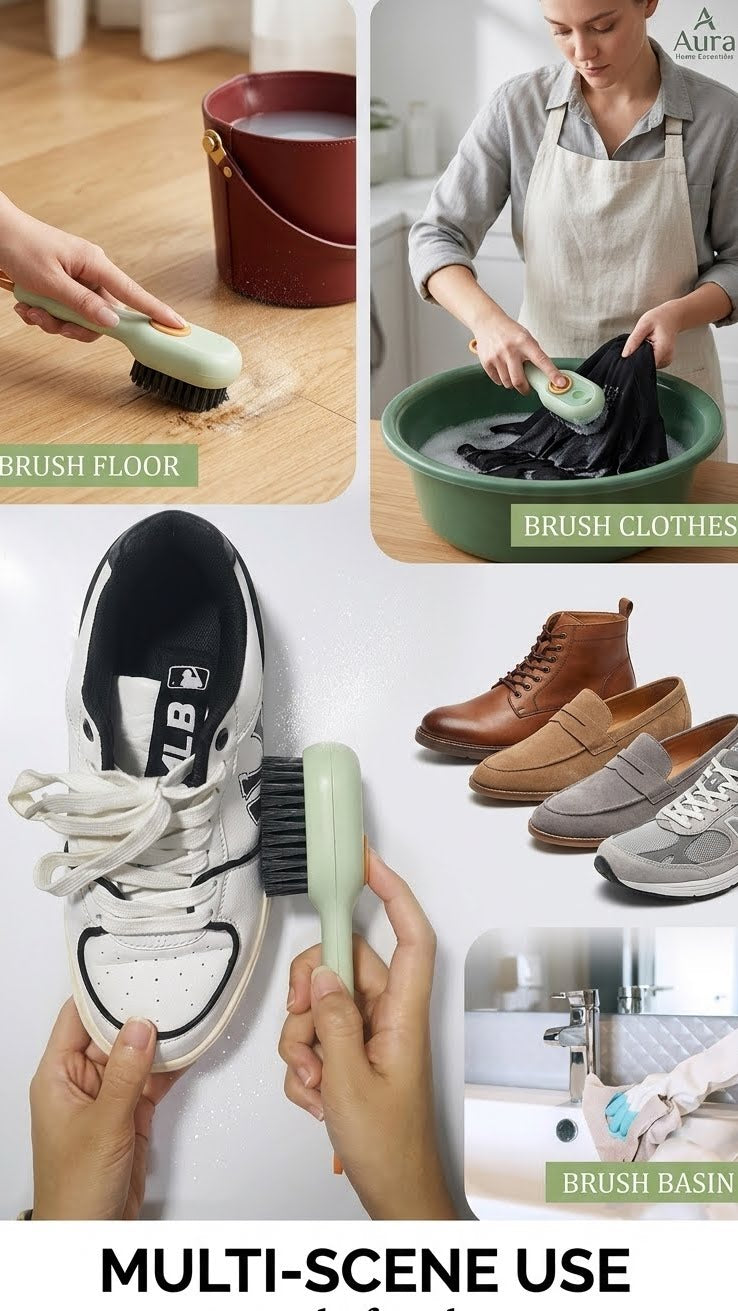 2-in-1 Liquid Soap Dispensing Shoe & Clothes Cleaning Brush | Soft Bristle Sneaker Scrubber | Multipurpose Household Cleaning Tool with Handle