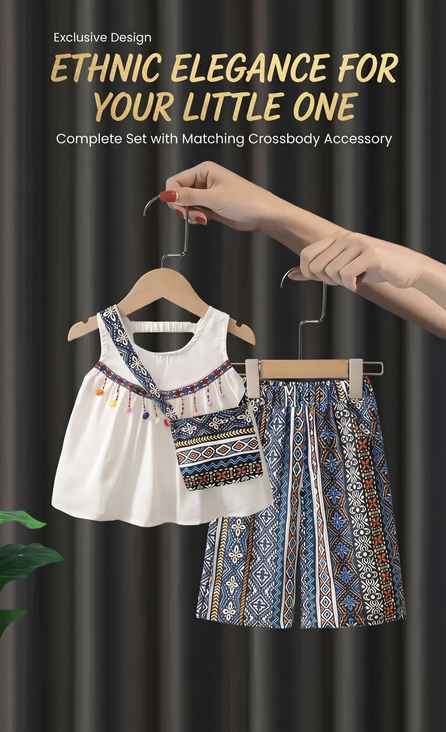 Premium Boho Ethnic 3-Piece Girls Outfit Set – Tassel Tank Top, Printed Wide Leg Pants & Matching Sling Bag | Summer Holiday Wear