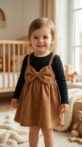 Premium Corduroy Bow Baby Girl Dress with Inner Tee | Soft Winter Frock for Infants & Toddlers