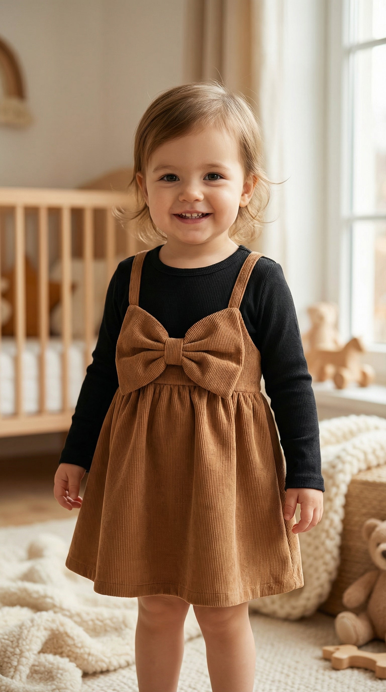 Premium Corduroy Bow Baby Girl Dress with Inner Tee | Soft Winter Frock for Infants & Toddlers