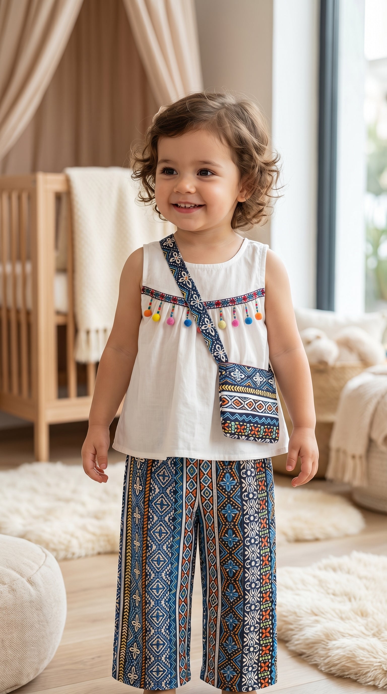 Premium Boho Ethnic 3-Piece Girls Outfit Set – Tassel Tank Top, Printed Wide Leg Pants & Matching Sling Bag | Summer Holiday Wear