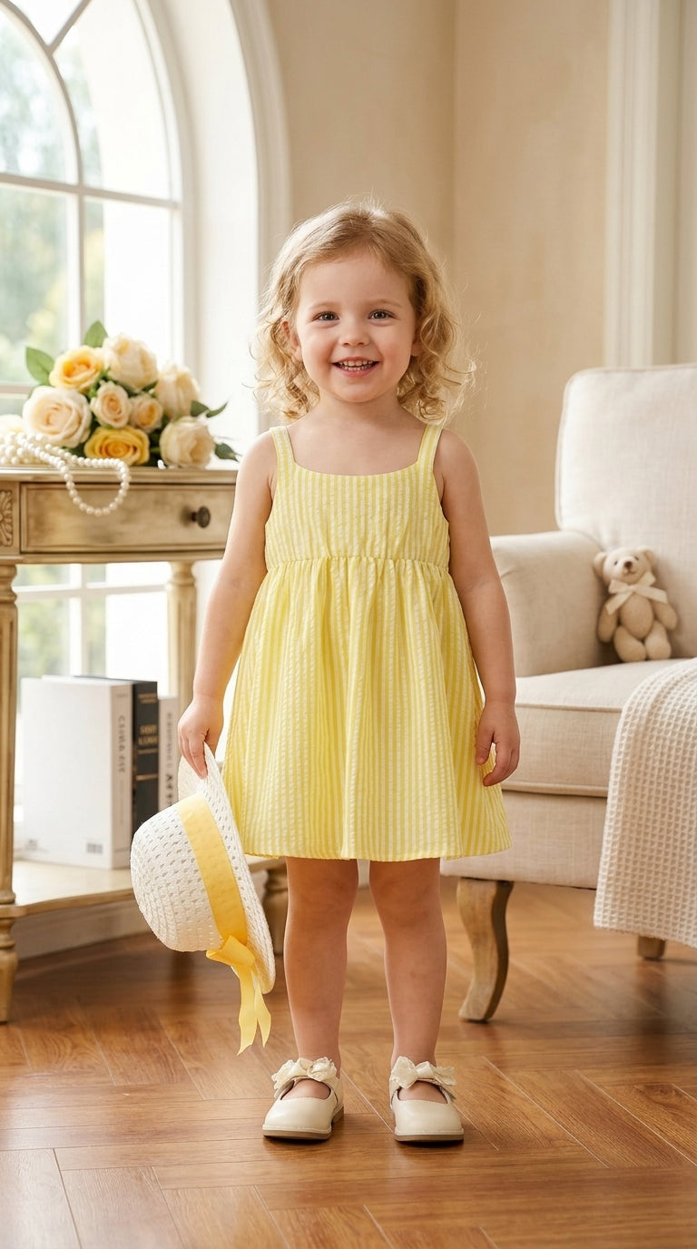 “Sunshine Bow A-Line Dress – Cute Yellow Striped Frock for Little Princess | Soft Cotton Comfort | Festive & Daily Wear”