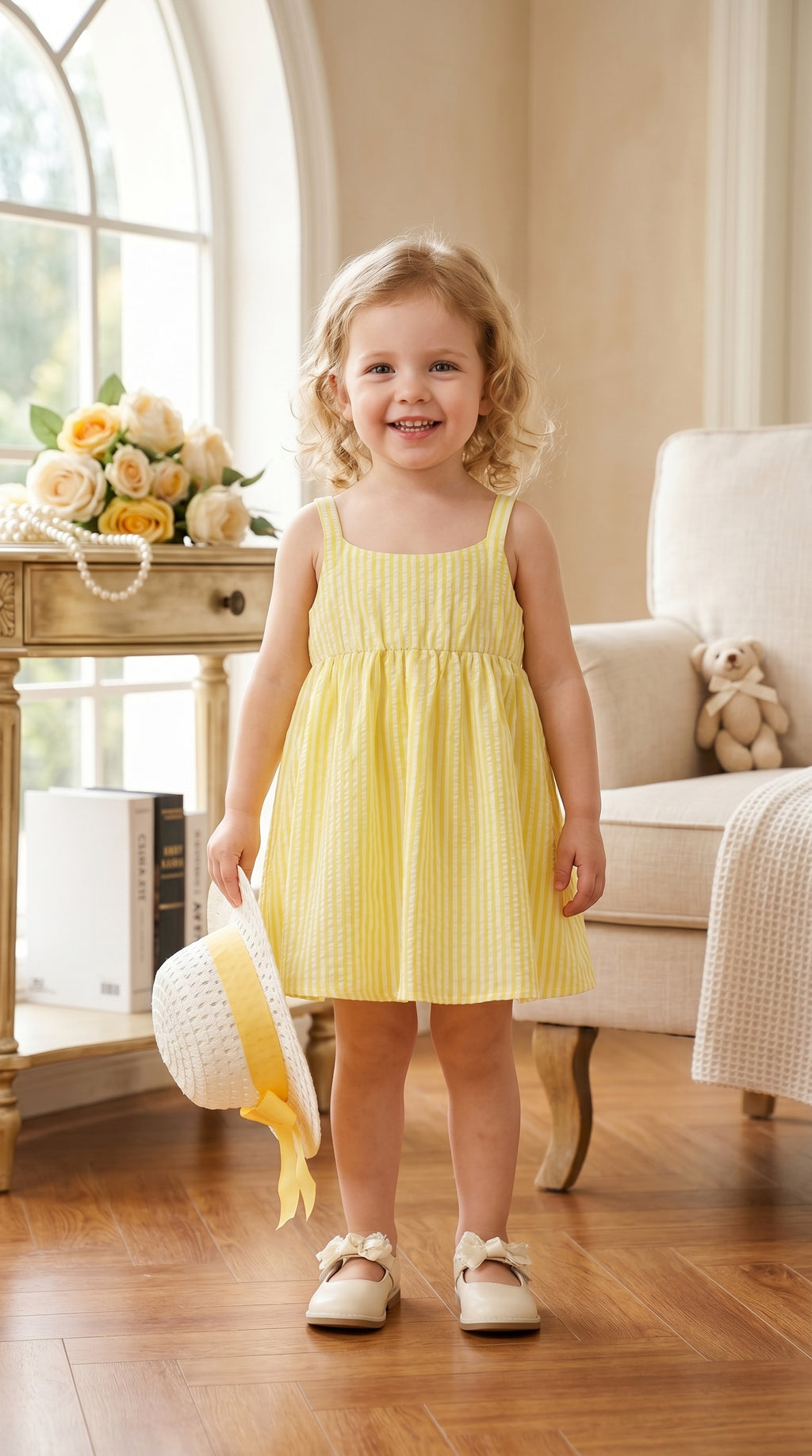 “Sunshine Bow A-Line Dress – Cute Yellow Striped Frock for Little Princess | Soft Cotton Comfort | Festive & Daily Wear”