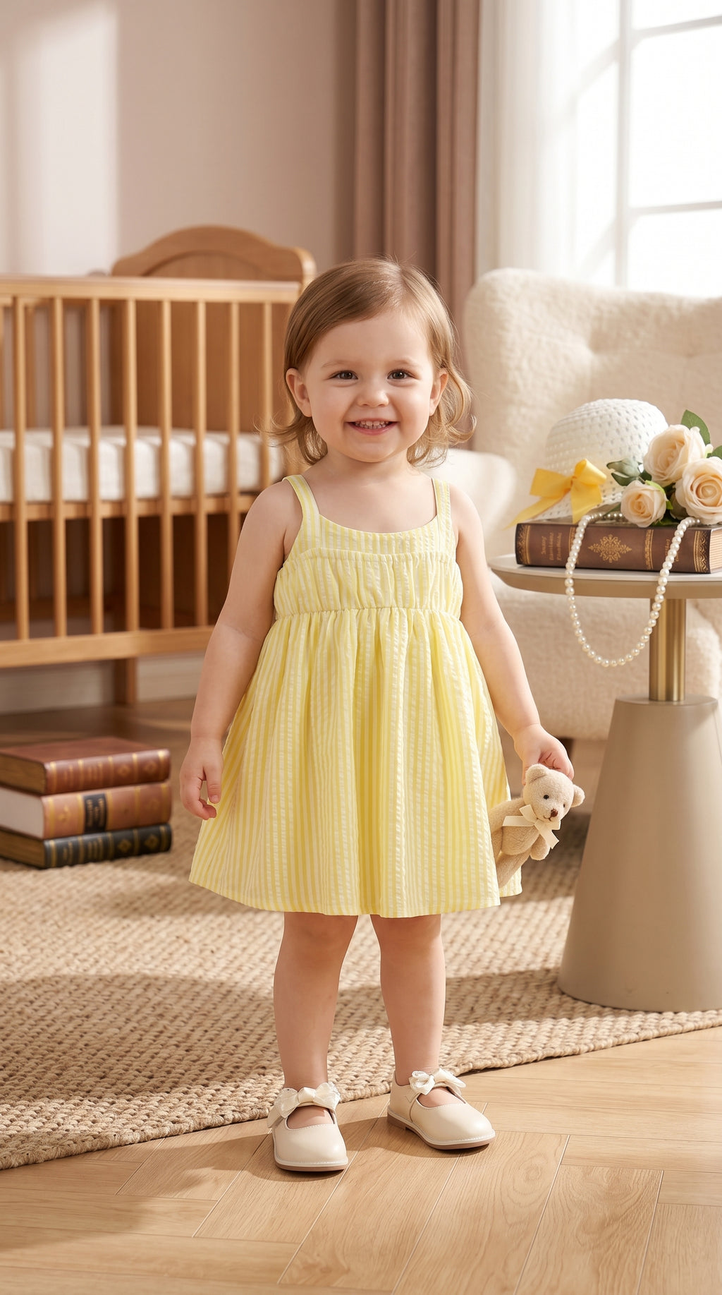 “Sunshine Bow A-Line Dress – Cute Yellow Striped Frock for Little Princess | Soft Cotton Comfort | Festive & Daily Wear”