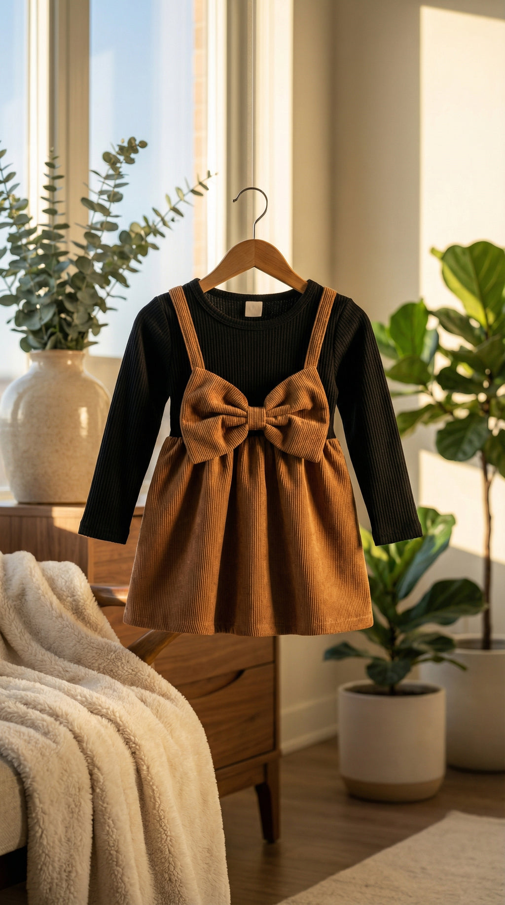 Premium Corduroy Bow Baby Girl Dress with Inner Tee | Soft Winter Frock for Infants & Toddlers