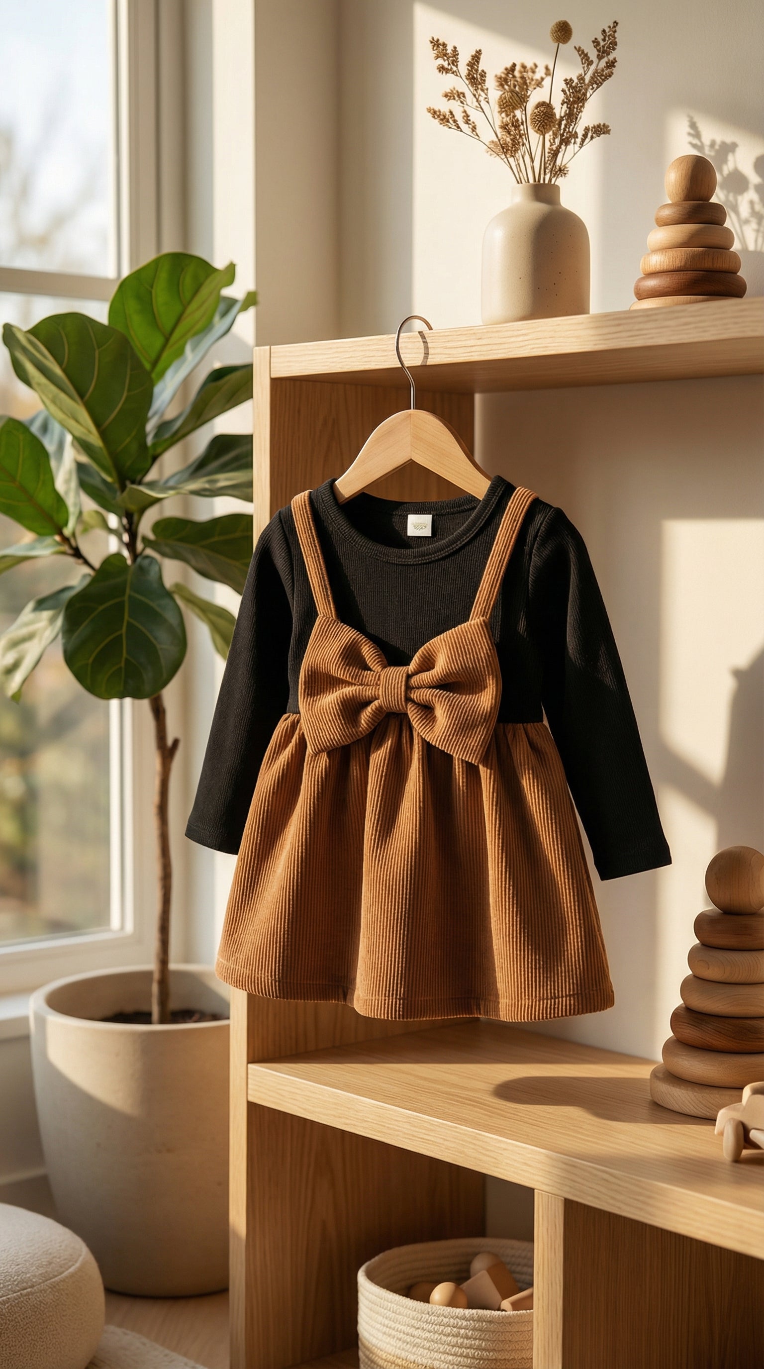 Premium Corduroy Bow Baby Girl Dress with Inner Tee | Soft Winter Frock for Infants & Toddlers
