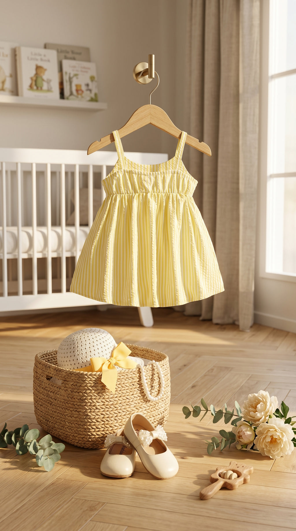 “Sunshine Bow A-Line Dress – Cute Yellow Striped Frock for Little Princess | Soft Cotton Comfort | Festive & Daily Wear”