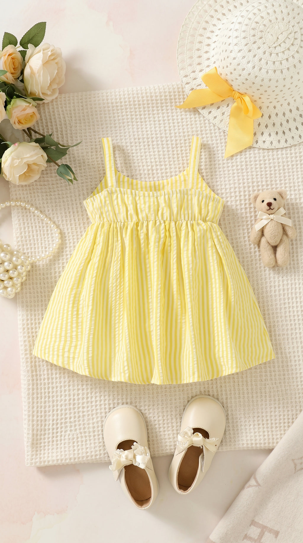 “Sunshine Bow A-Line Dress – Cute Yellow Striped Frock for Little Princess | Soft Cotton Comfort | Festive & Daily Wear”