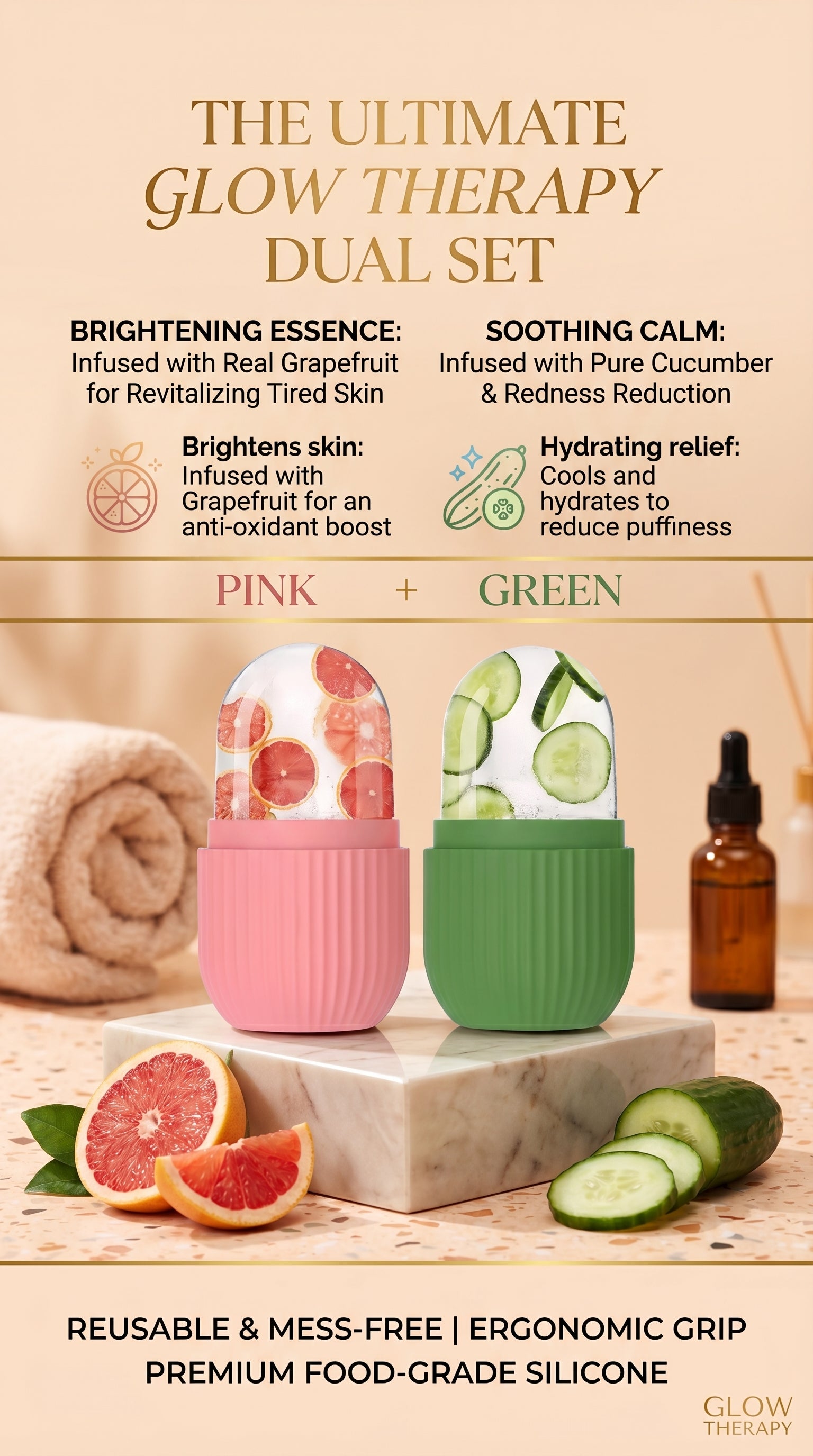 2 PCS Ice Roller for Face & Eyes – Silicone Ice Facial Mold for Pore Tightening, Dark Circles, Puffiness, Glod Skin | Pink & Green