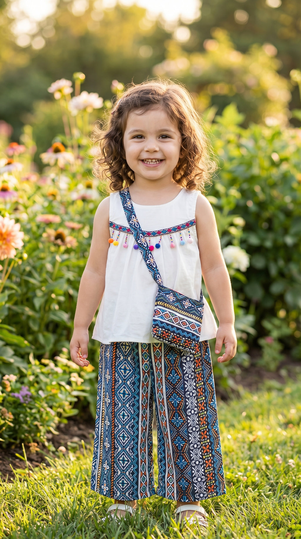 Premium Boho Ethnic 3-Piece Girls Outfit Set – Tassel Tank Top, Printed Wide Leg Pants & Matching Sling Bag | Summer Holiday Wear