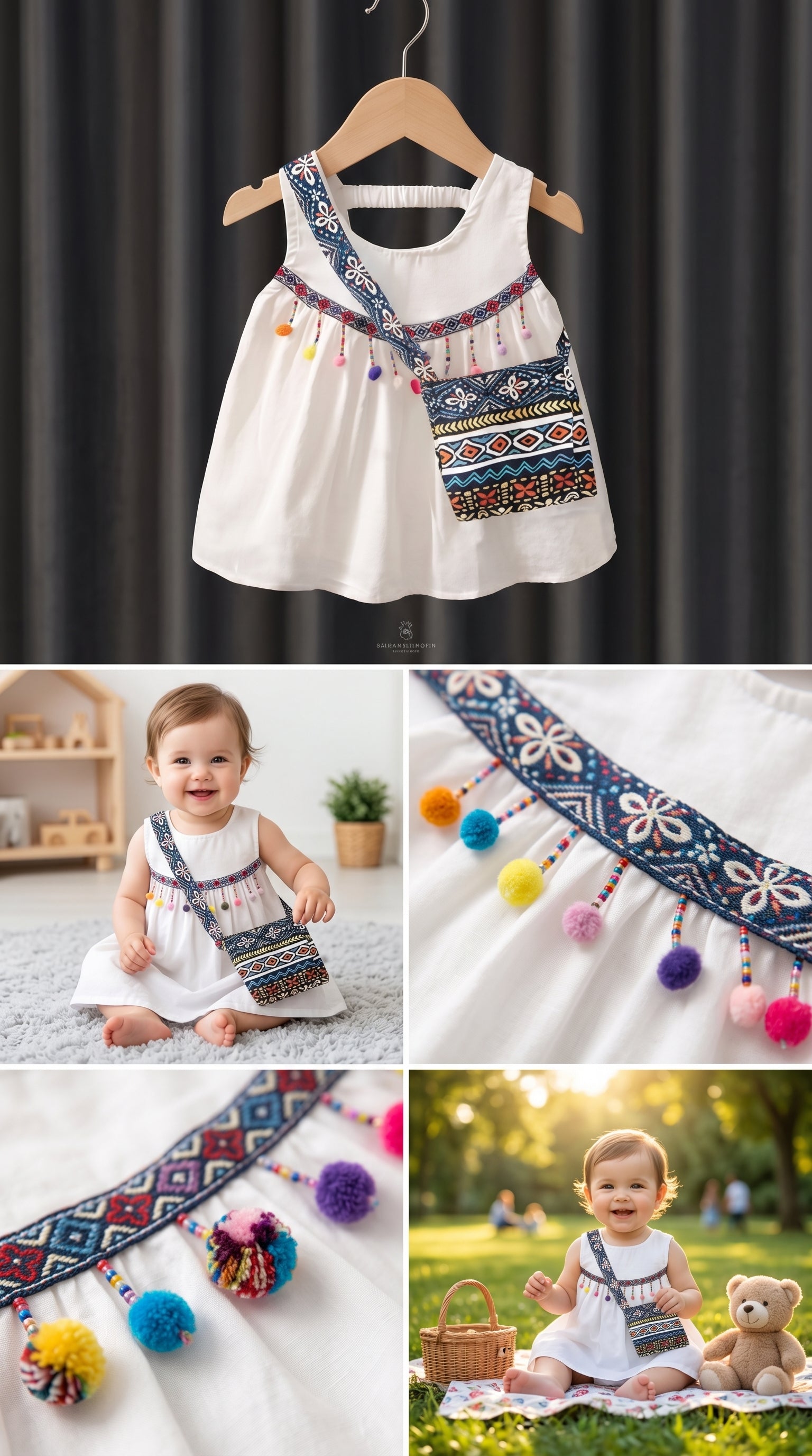 Premium Boho Ethnic 3-Piece Girls Outfit Set – Tassel Tank Top, Printed Wide Leg Pants & Matching Sling Bag | Summer Holiday Wear