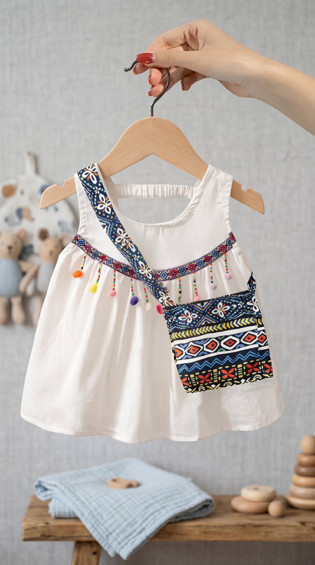 Premium Boho Ethnic 3-Piece Girls Outfit Set – Tassel Tank Top, Printed Wide Leg Pants & Matching Sling Bag | Summer Holiday Wear