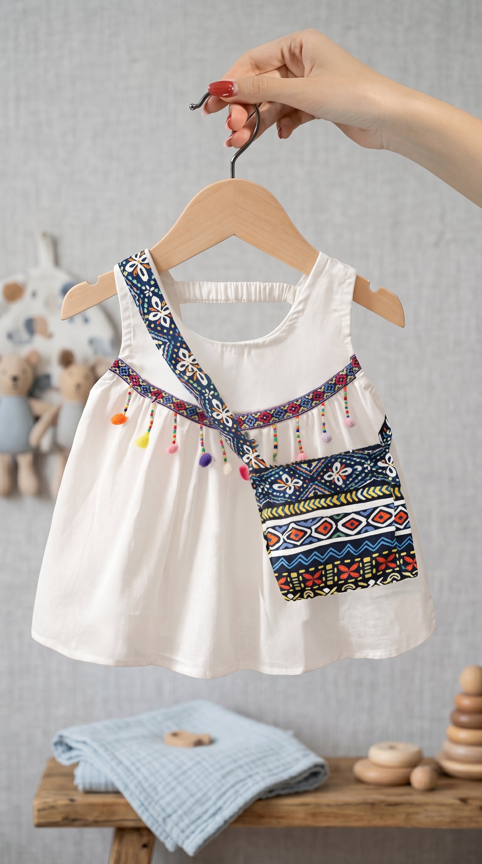 Premium Boho Ethnic 3-Piece Girls Outfit Set – Tassel Tank Top, Printed Wide Leg Pants & Matching Sling Bag | Summer Holiday Wear