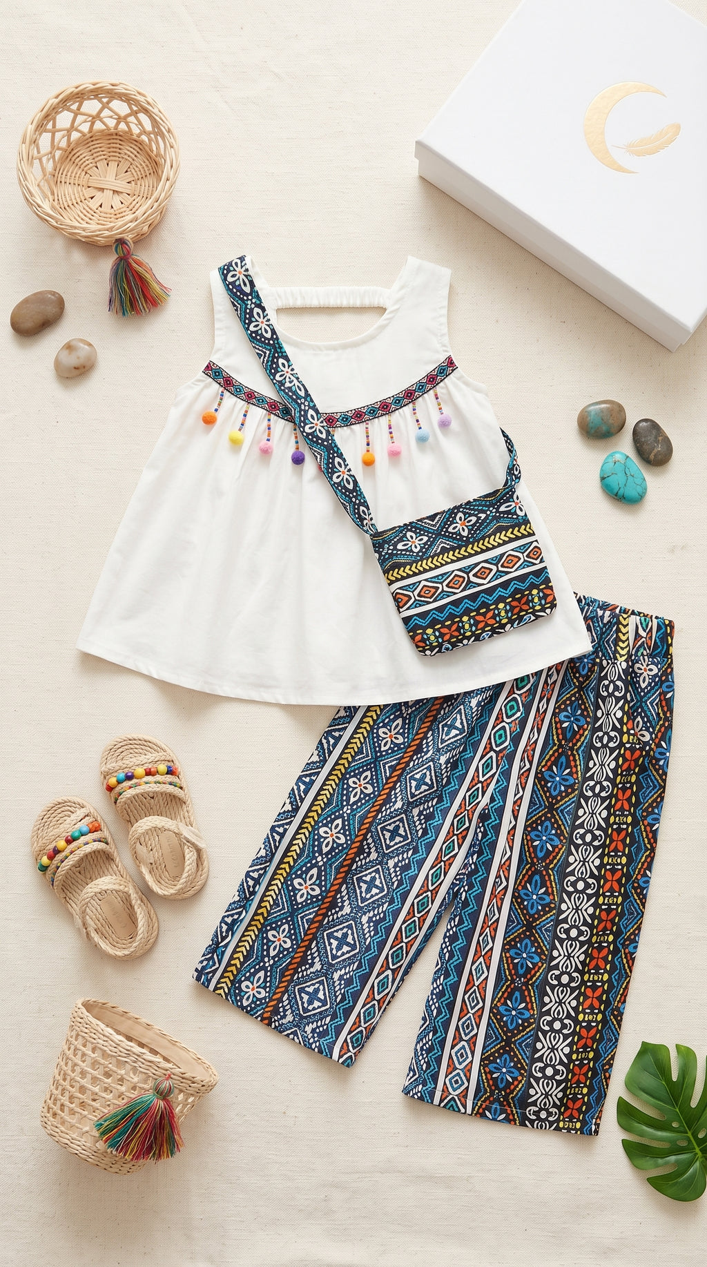 Premium Boho Ethnic 3-Piece Girls Outfit Set – Tassel Tank Top, Printed Wide Leg Pants & Matching Sling Bag | Summer Holiday Wear