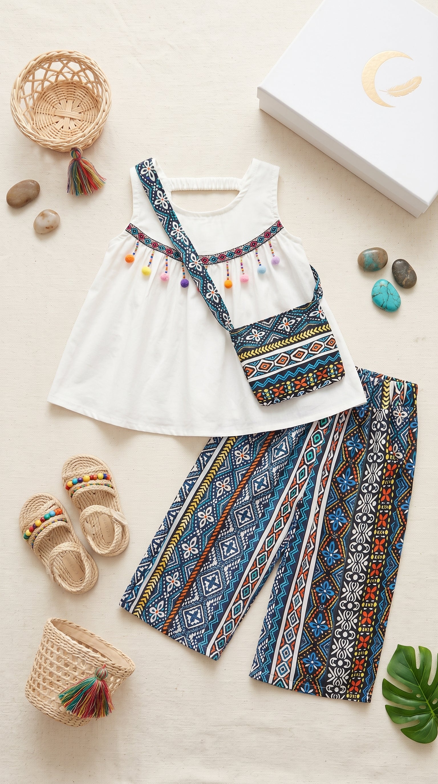 Premium Boho Ethnic 3-Piece Girls Outfit Set – Tassel Tank Top, Printed Wide Leg Pants & Matching Sling Bag | Summer Holiday Wear