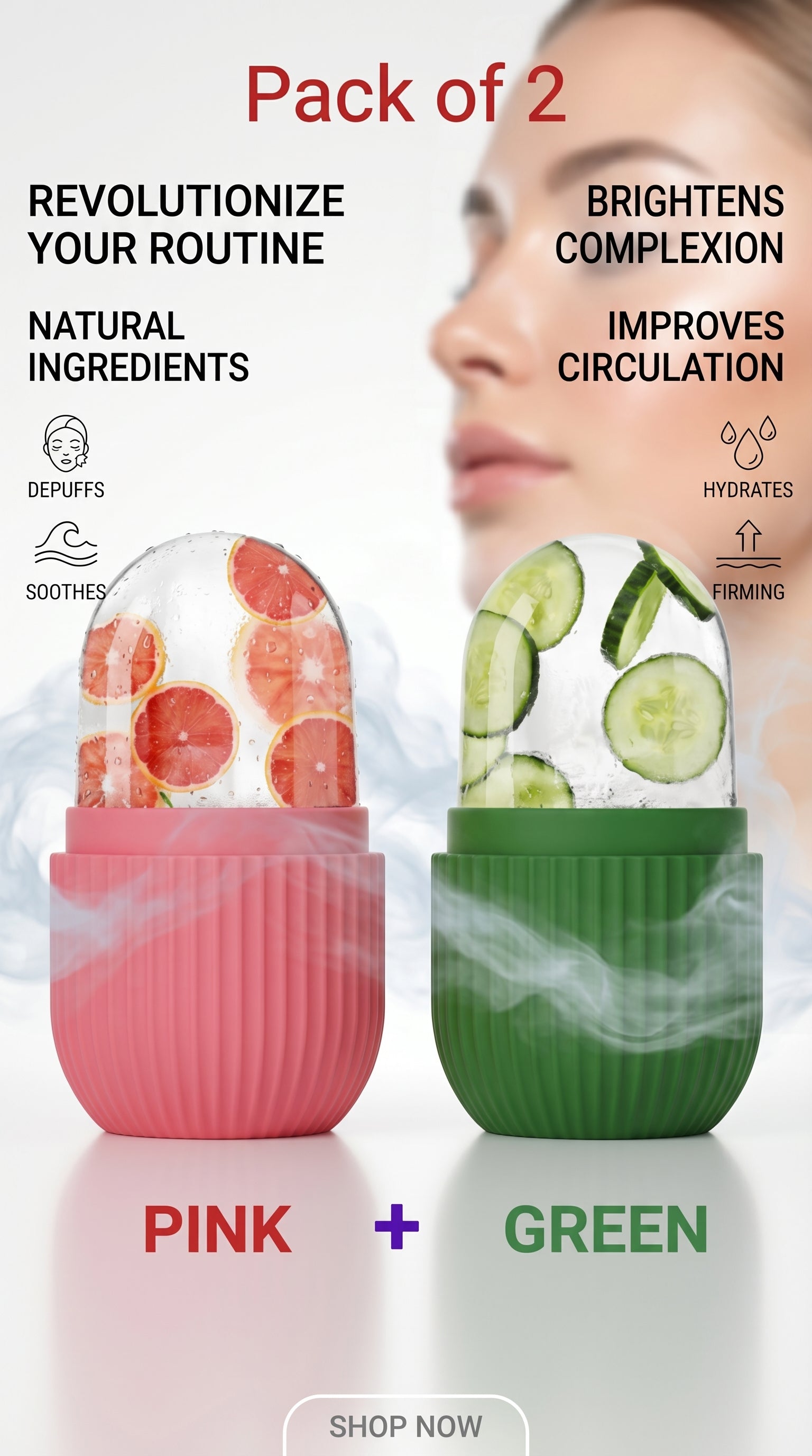 2 PCS Ice Roller for Face & Eyes – Silicone Ice Facial Mold for Pore Tightening, Dark Circles, Puffiness, Glod Skin | Pink & Green