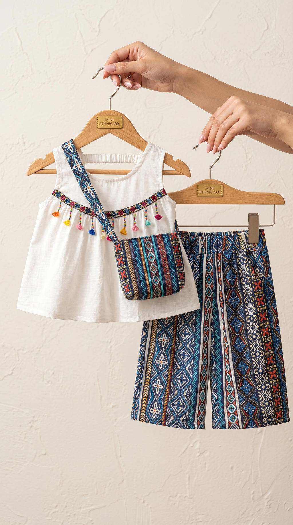 Premium Boho Ethnic 3-Piece Girls Outfit Set – Tassel Tank Top, Printed Wide Leg Pants & Matching Sling Bag | Summer Holiday Wear