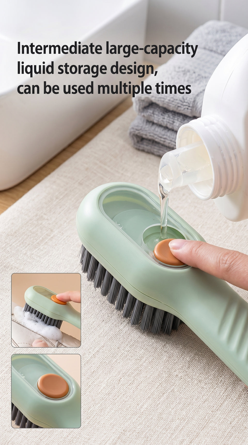 2-in-1 Liquid Soap Dispensing Shoe & Clothes Cleaning Brush | Soft Bristle Sneaker Scrubber | Multipurpose Household Cleaning Tool with Handle