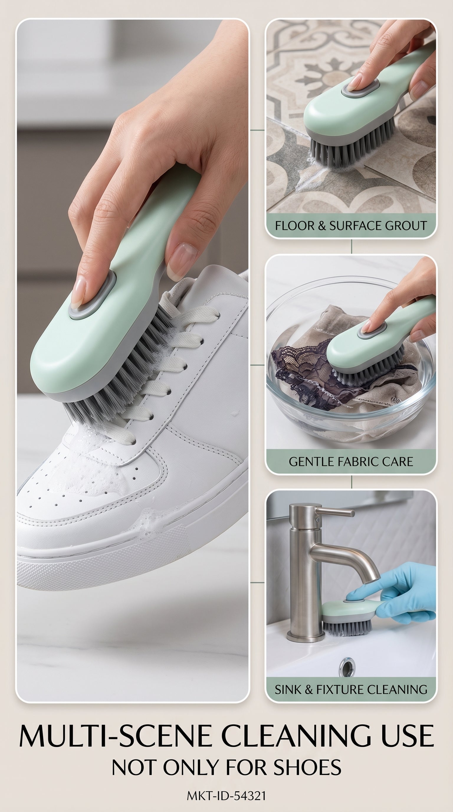 2-in-1 Liquid Soap Dispensing Shoe & Clothes Cleaning Brush | Soft Bristle Sneaker Scrubber | Multipurpose Household Cleaning Tool with Handle