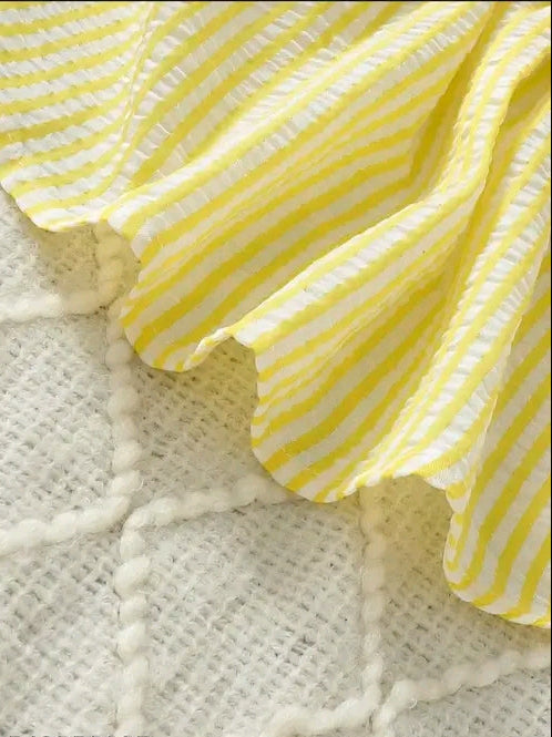 “Sunshine Bow A-Line Dress – Cute Yellow Striped Frock for Little Princess | Soft Cotton Comfort | Festive & Daily Wear”