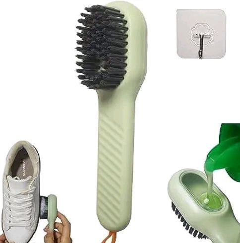 2-in-1 Liquid Soap Dispensing Shoe & Clothes Cleaning Brush | Soft Bristle Sneaker Scrubber | Multipurpose Household Cleaning Tool with Handle