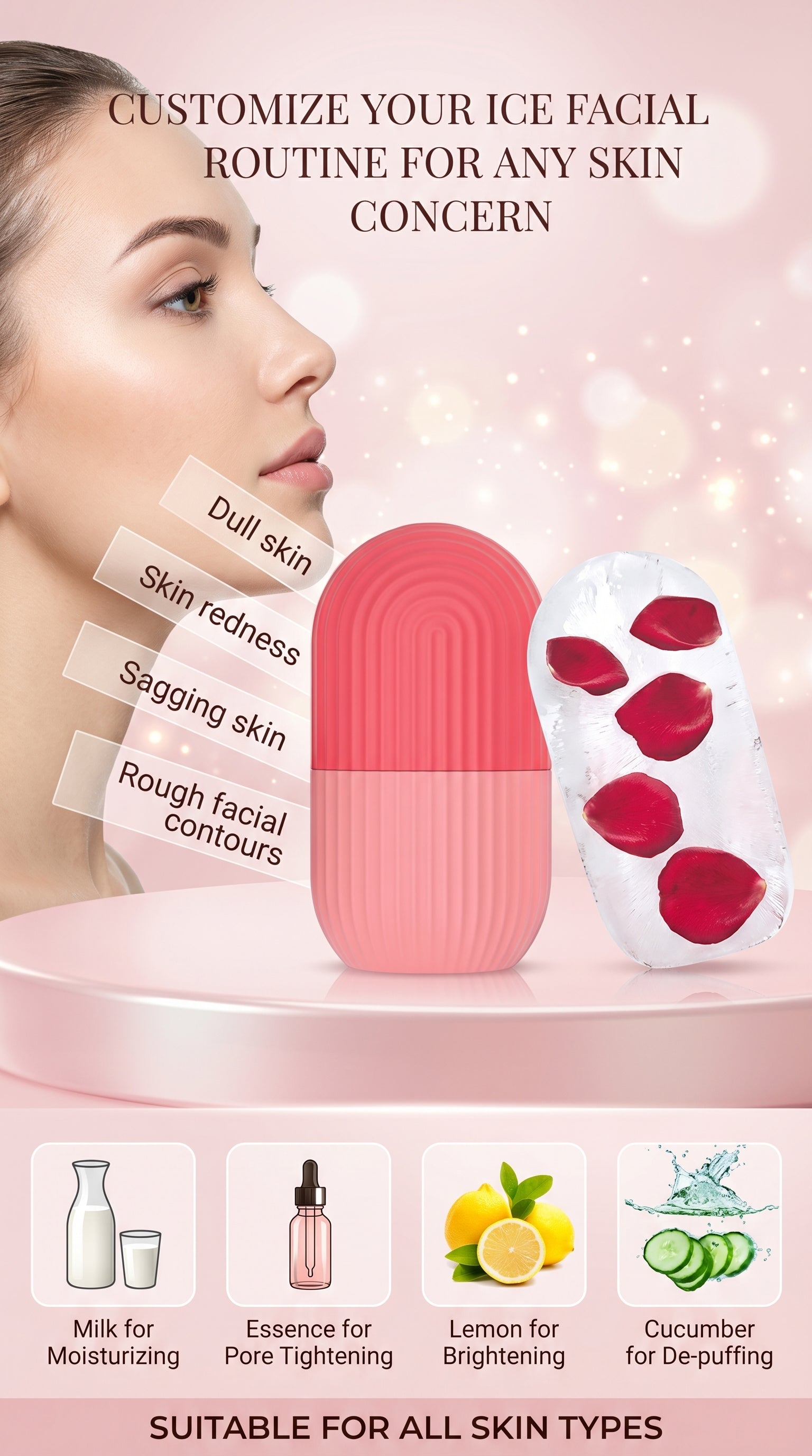 2 PCS Ice Roller for Face & Eyes – Silicone Ice Facial Mold for Pore Tightening, Dark Circles, Puffiness, Glod Skin | Pink & Green